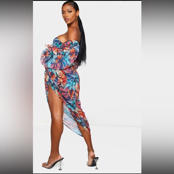 Shape Multi Butterfly Print Bardot Ruched Sleeve Asymmetric Dress - Picture 3 of 7